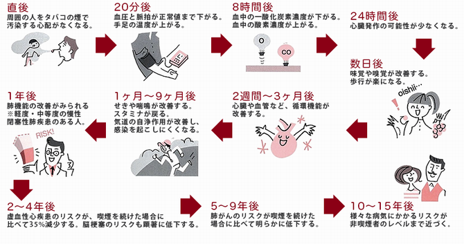 禁煙を始めたその瞬間から、脳卒中や心筋梗塞のリスクは下がります