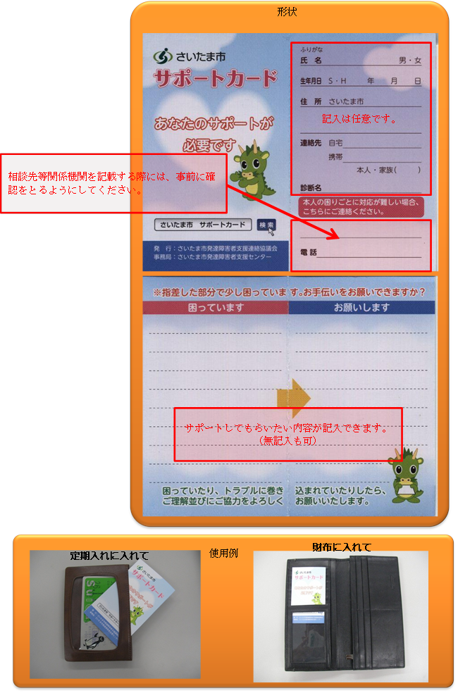 サポートカード【二つ折り型】の形状と使用例