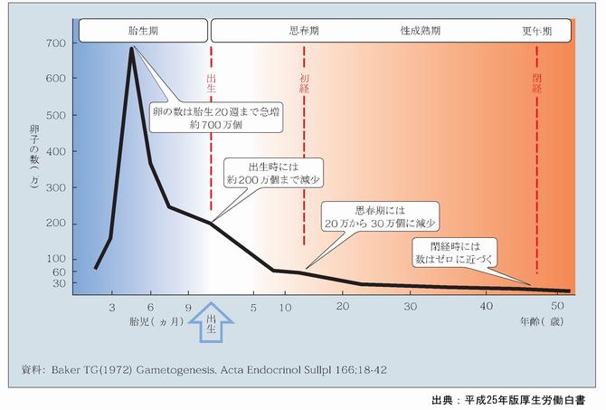 女性の年齢の変化による卵子の数の変化