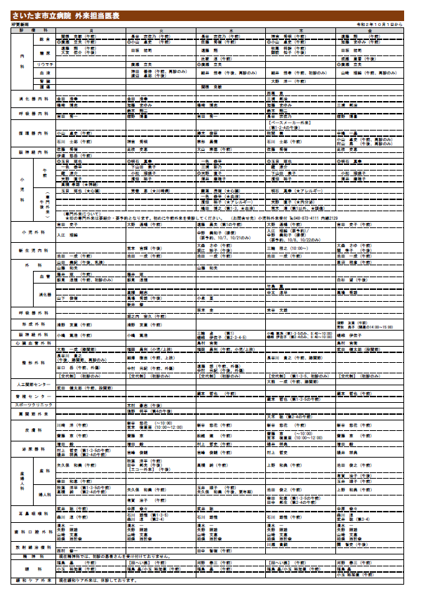 外来担当医表（令和2年10月）